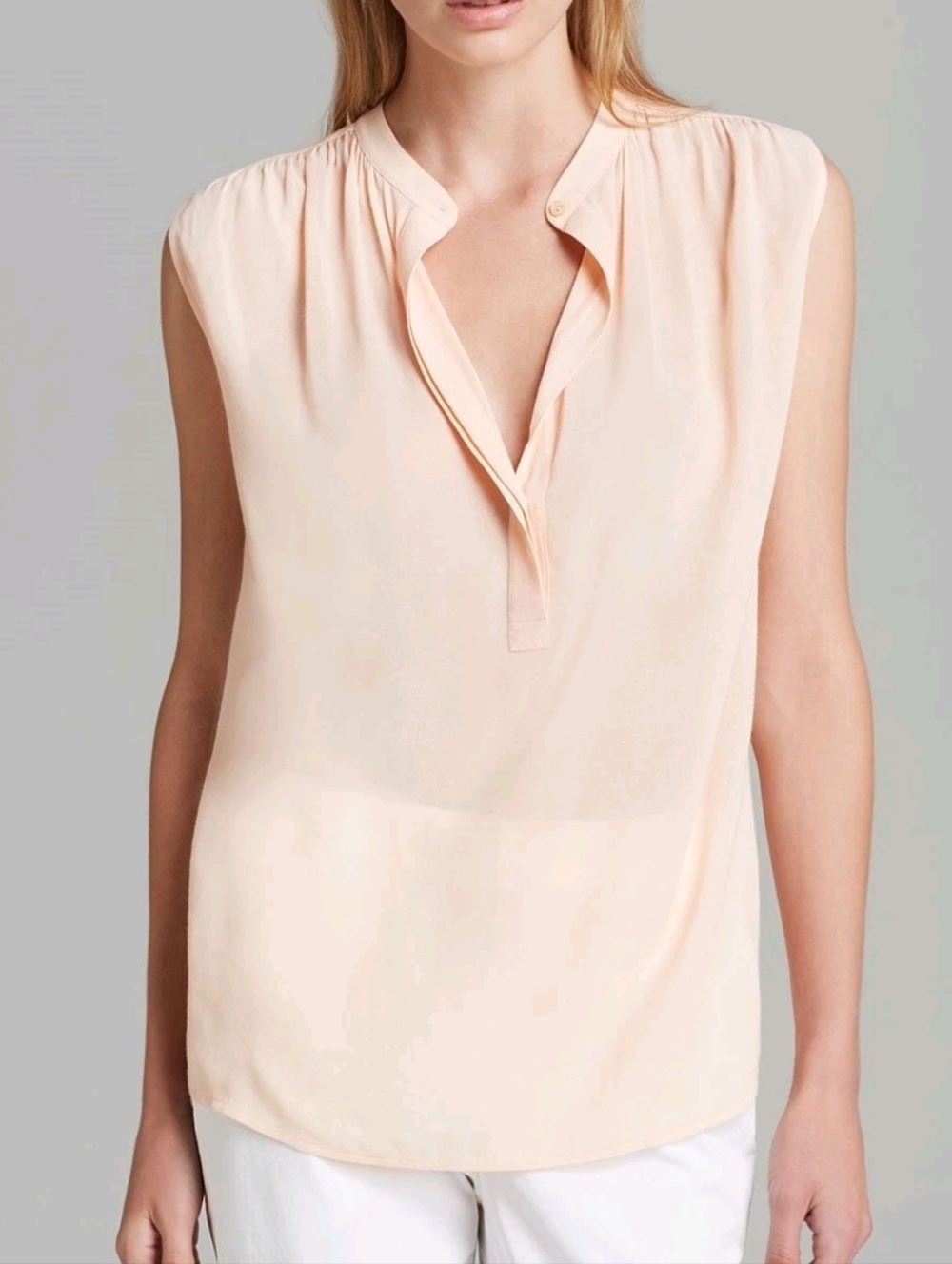 Vince Sleeveless‎ Shirred Shoulder Crepe Top Tunic Shirt Peach